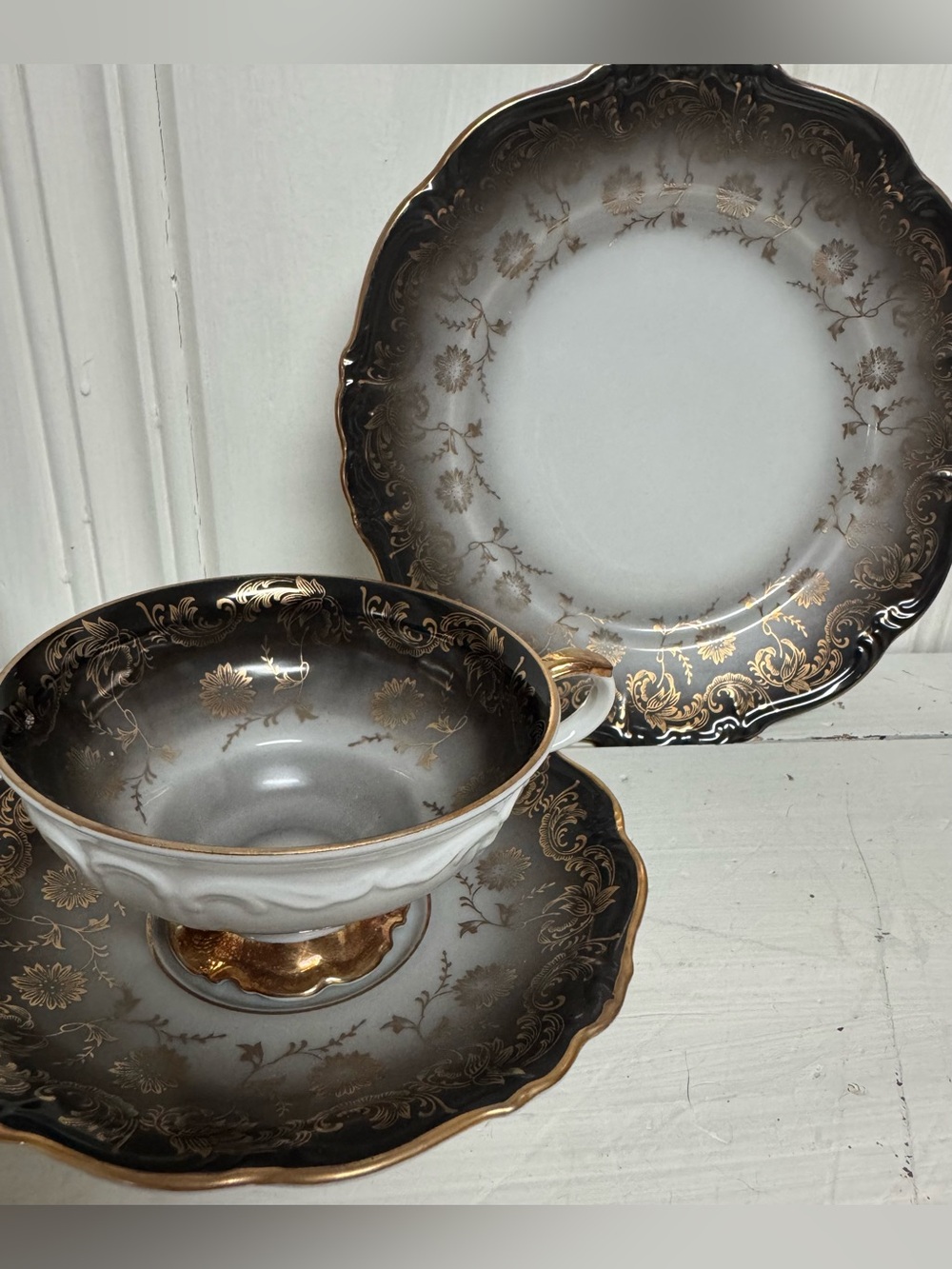 Vintage Eberthal Bavaria German Porcelain Teacup Trio - Heavy Gold Gilt
